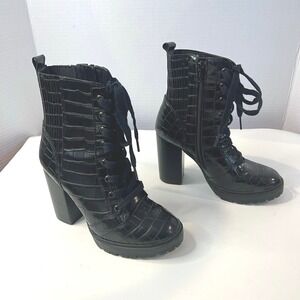 Steve Madden Lead Chunky‎ Y2K Ankle Black Croc Zip Up Combat Bootie Boots Sz 6.5